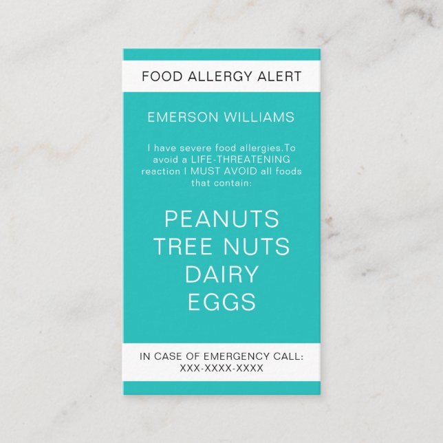 Food Allergy Alert Personalised Chef Card (Front)