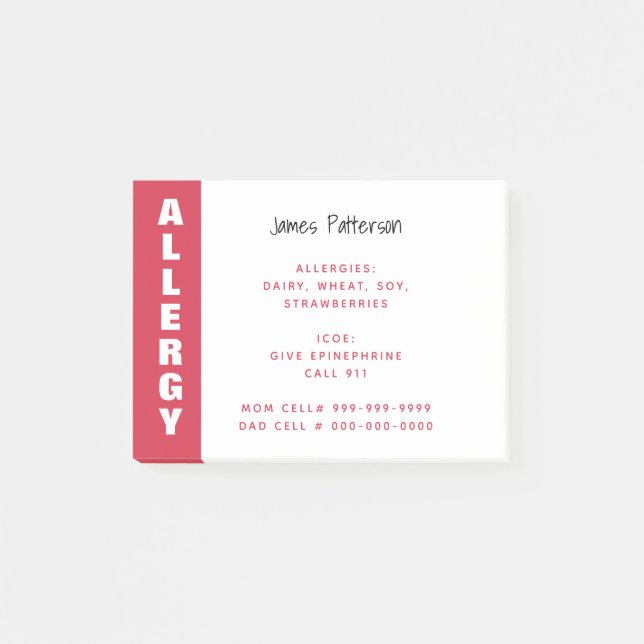 Food Allergy Alert Personalised Red Emergency Post-it Notes (Front)