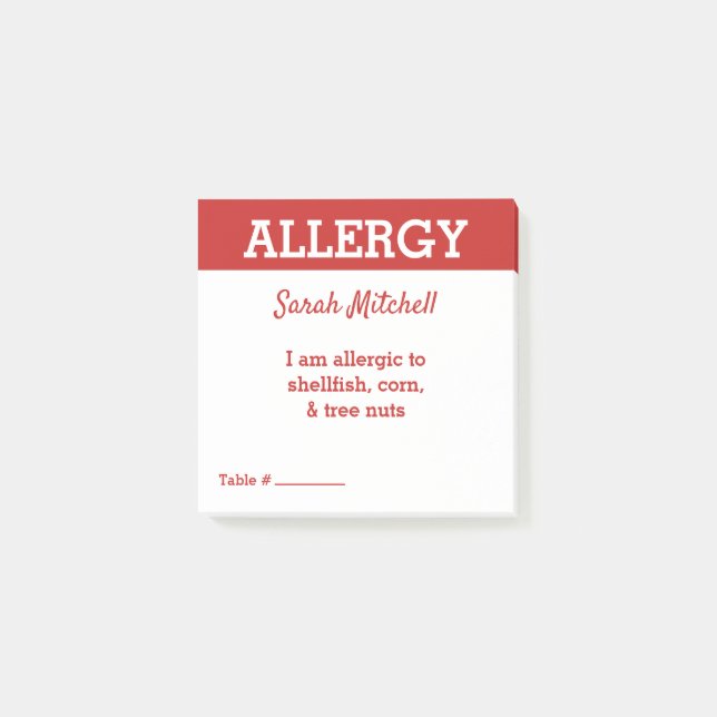 Food Allergy Alert Restaurant Card Server Post-it Notes (Front)