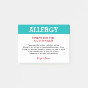 Food Allergy Alert Restaurant Personalised Teal Post-it Notes