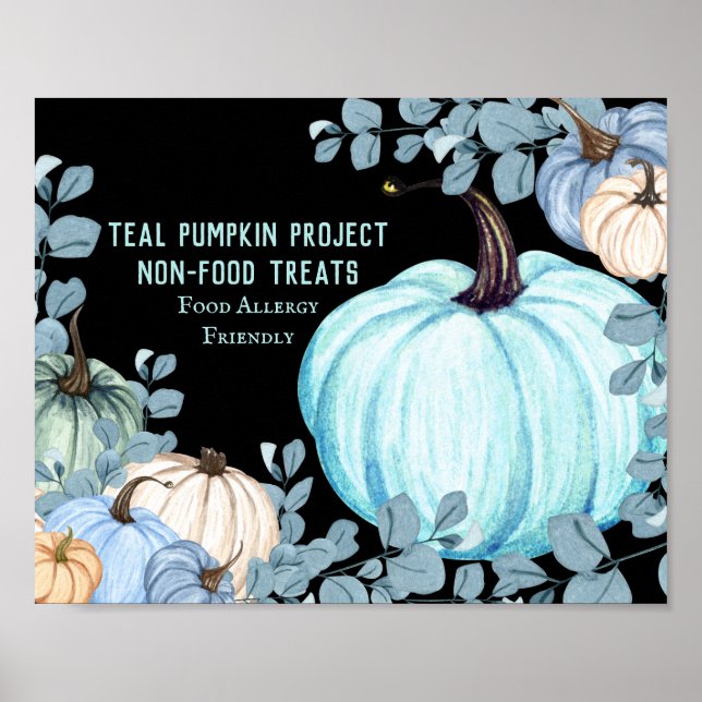 Food Allergy Friendly Teal Pumpkin Black Backdrop Poster (Front)