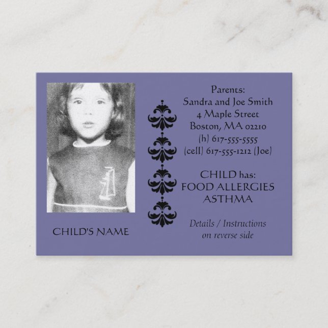 Food Allergy Identification Photo Contact Card (Front)