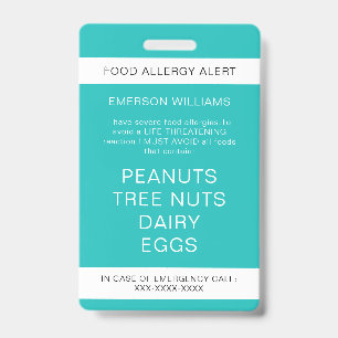Food Allergy Medical Alert Emergency Contact ID Badge