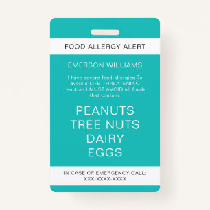 Food Allergy Medical Alert Emergency Contact ID Badge