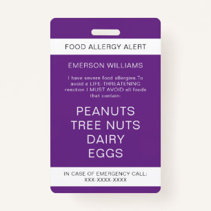 Food Allergy Medical Alert Emergency Contact ID Badge