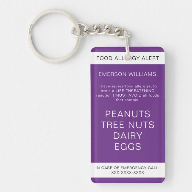Food Allergy Medical Alert Emergency Contact Key Ring (Front)