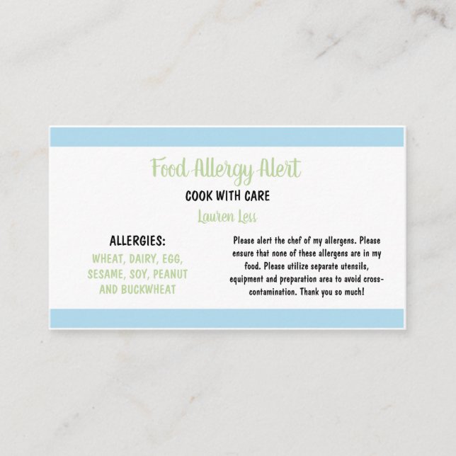 Food Allergy Restaurant Alert Card Template  (Front)