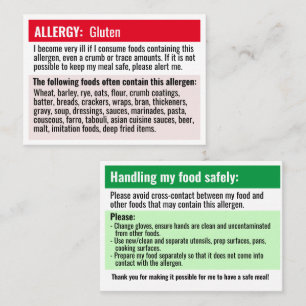 Food allergy restaurant card allergen warning card
