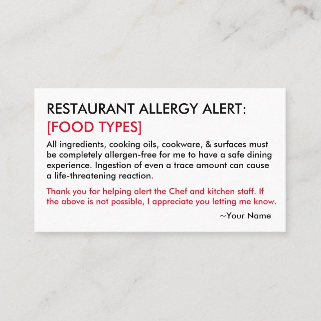Food Allergy Restaurant & ICE Card (Front)