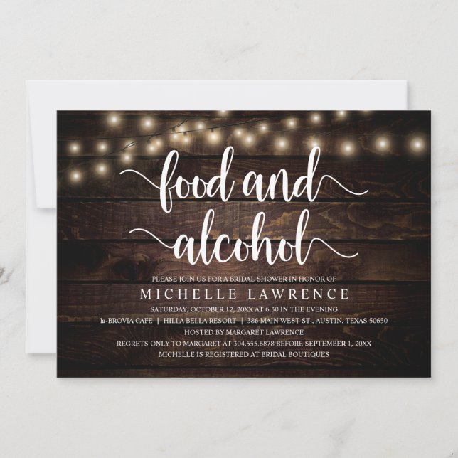 Food and Alcohol, Rustic Bridal Shower Party Invitation (Front)