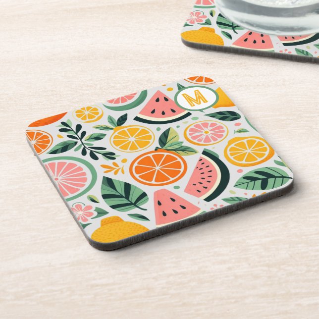Food Blogger Decor Fruity Foodie Summer Monogram  Coaster (Left Side)