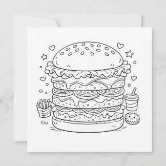 Food Burger Coloring Page Black White Card