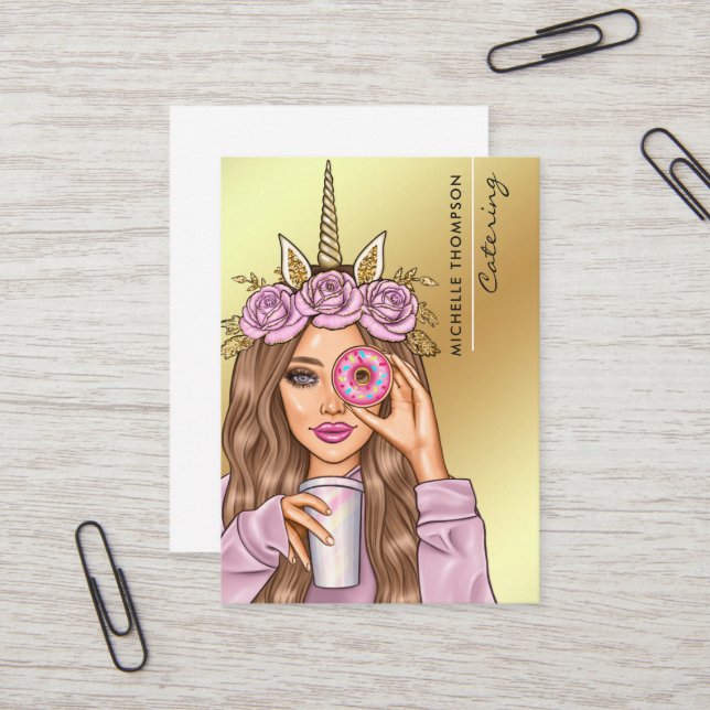 Food Catering Whimsical Unicorn Lady Business Card (Front/Back In Situ)