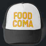 FOOD COMA fun slogan hat<br><div class="desc">FOOD COMA fun slogan on trucker hat,  yellow with red outline,  bold typography,  fun statement,  inspired by tv character frank rossitano.</div>