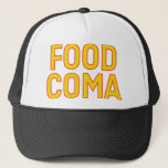 FOOD COMA fun slogan hat<br><div class="desc">FOOD COMA fun slogan on trucker hat,  yellow with red outline,  bold typography,  fun statement,  inspired by tv character frank rossitano.</div>