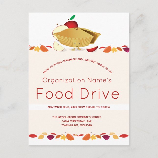 Food Drive Organisation Name Leaves Cartoon Pie Postcard (Front)