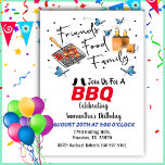 Food Friends Family Birthday Barbecue Invitation<br><div class="desc">Birthday barbecue invitation with the phrase "food friends family" surrounded in butterflies,  polka dots also with food grill and bottles of beer.</div>