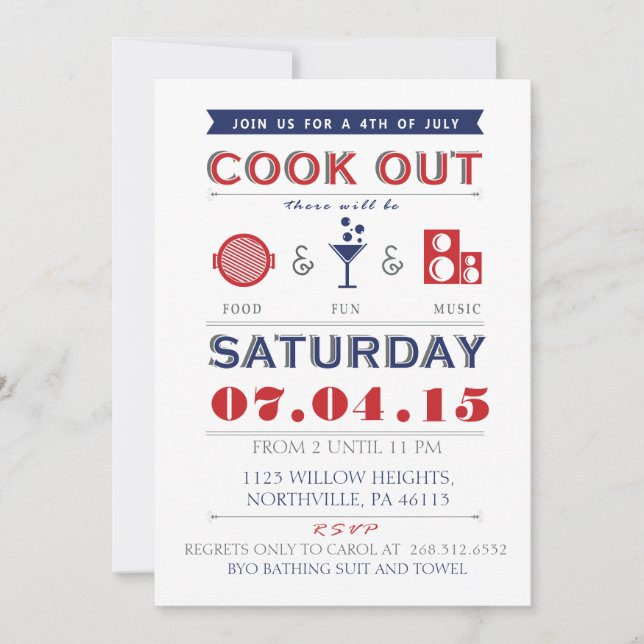 Food, Fun and Music 4th of July Cookout Invite (Front)