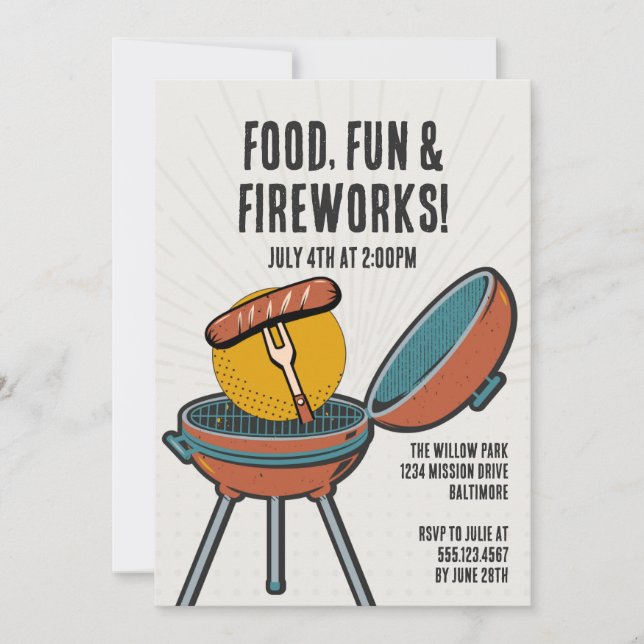 Food Fun Fireworks Barbecue 4th of July BBQ Party Invitation (Front)