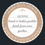 Food Gift Label Sticker Circle Kraft Paper<br><div class="desc">The perfect finishing touch for a homemade gift from the kitchen this kraft paper and white label is a delightful mix of chic and rustic and would look great on a preserves jar tied with a gingham ribbon. Don't forget to personalise with your name and personal message. Enter a description...</div>