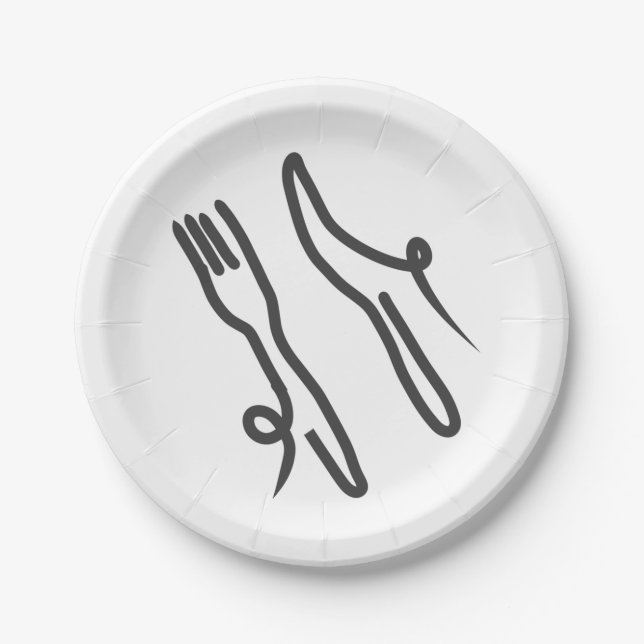 Food knife and fork modern grey and white paper plate (Front)