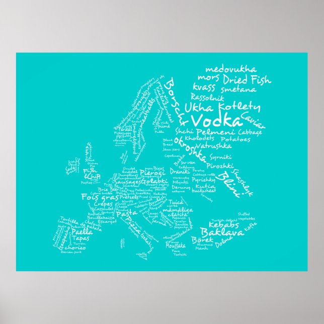 Food Map of Europe (Blue / Turquoise/ Teal / Aqua) Poster (Front)