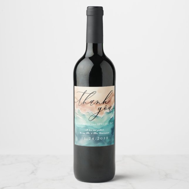Food Ocean Beach Summer Watercolor Wedding Wine Label (Front)