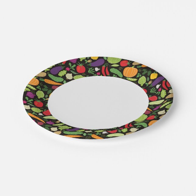 Food on a black background paper plate (Angled)