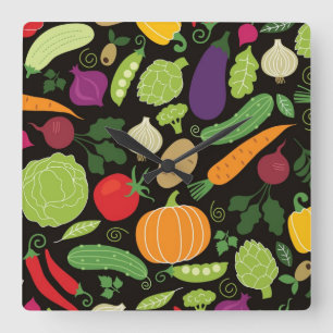Food on a black background square wall clock