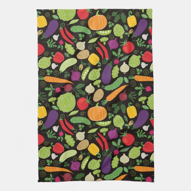 Food on a black background tea towel (Vertical)