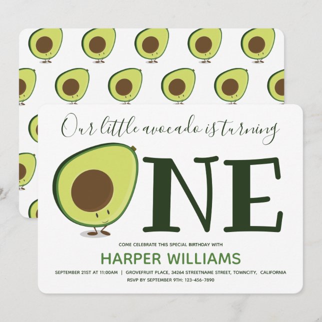  Food One Cute Avocado 1st Birthday Invitation (Front/Back)