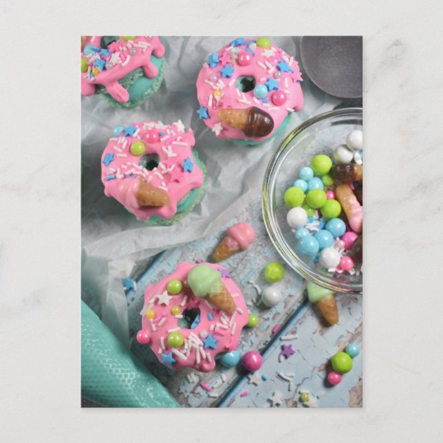 Food Photography Frosted Pink Doughnut Macarons Postcard (Front)