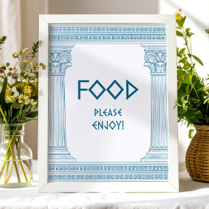 'Food please enjoy' party sign with blue columns