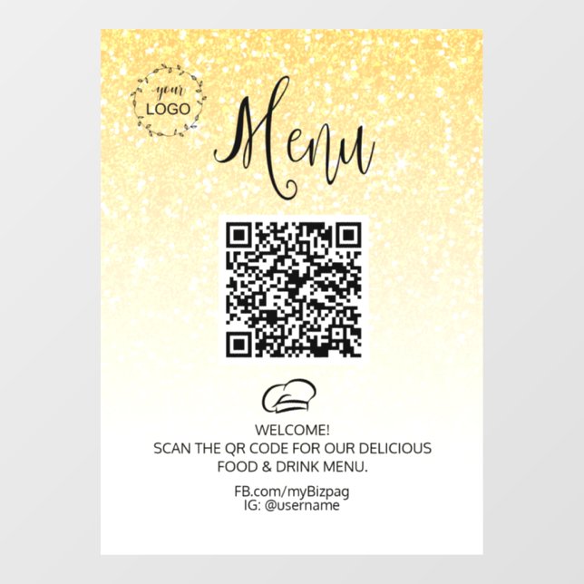 *~* Food Restaurant QR +  LOGO Menu Glitter  Window Cling (Sheet)