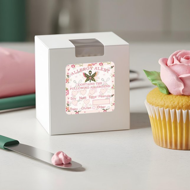 Food Safety Allergy Alert Bakery Butterfly Spoon Square Sticker (Food Safety Allergy Alert Bakery Butterfly Spoon Square Sticker)