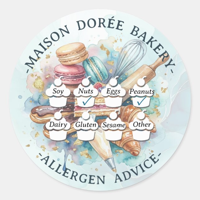 Food Safety Allergy Alert Bakery Pastry Chef Gold Classic Round Sticker (Front)