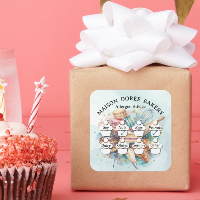 Food Safety Allergy Alert Bakery Pastry Chef Gold Square Sticker (Party)