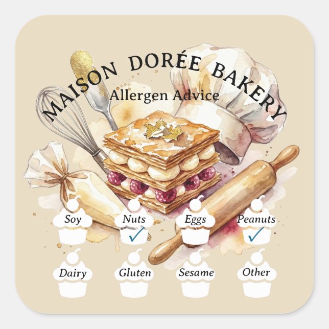 Food Safety Allergy Alert Bakery Pastry Chef Gold Square Sticker (Front)