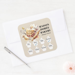 Food Safety Allergy Alert Bakery Pastry Chef Gold Square Sticker