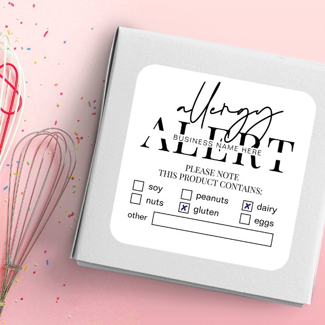Food Safety Allergy Alert Minimalist Bakery Square Sticker (Creator Uploaded)
