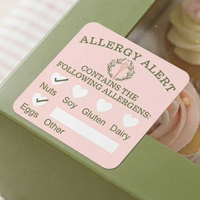 Food Safety Allergy Alert  Pink Bakery Whisk Square Sticker (Food Safety Allergy Alert Pink Bakery Whisk Square Sticker)