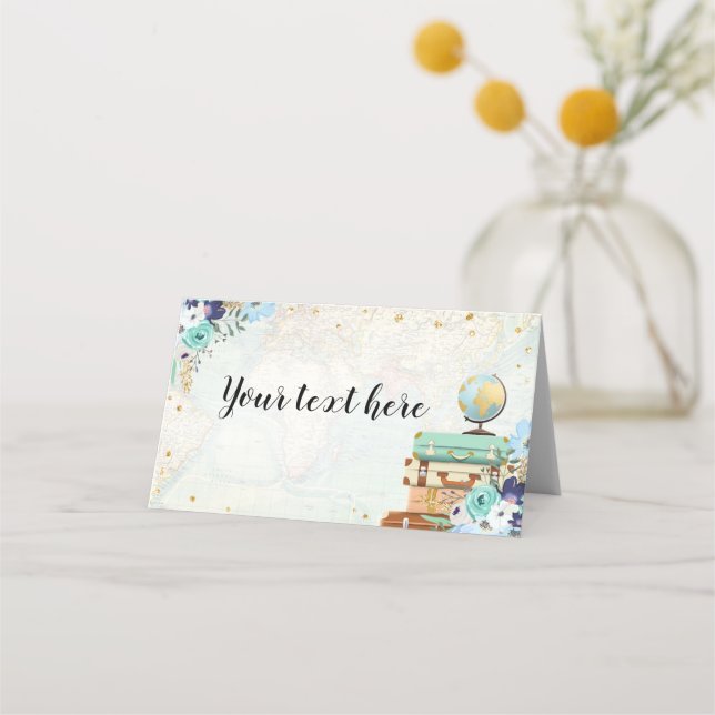 Food Tent Travel Blue Floral Gold Adventure Place Card (Front)