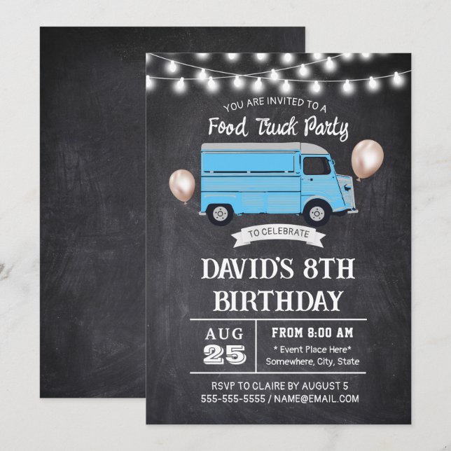 Food Truck Birthday Party Rustic Chalkboard Invitation (Front/Back)