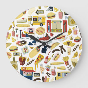 Food Truck Fest: Cartoon Pattern Large Clock