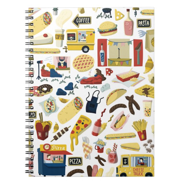 Food truck festival cartoon hand drawn elements se notebook (Front)