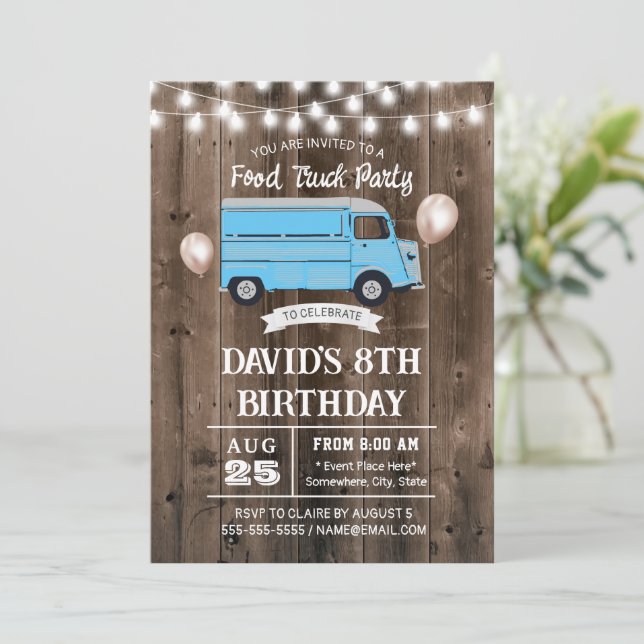 Food Truck Rustic Barn Wood Birthday Party Invitation (Standing Front)