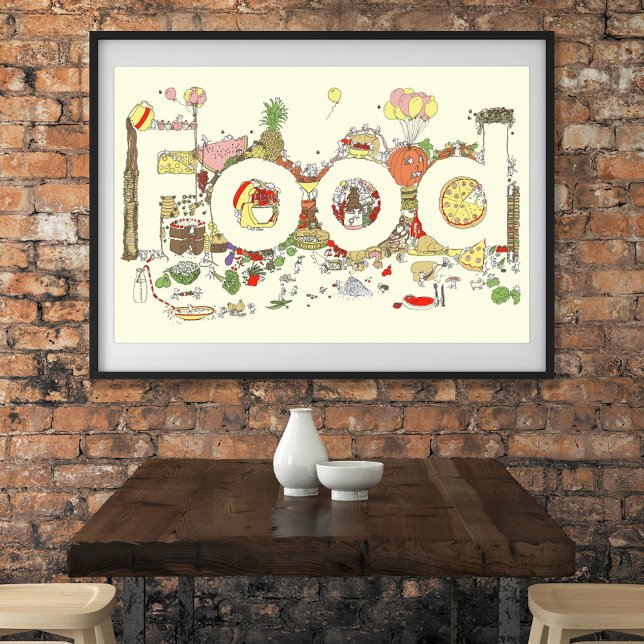 Food Word Art Colourful Funny Baking Typography Poster (Cute Food word cartoon watercolor art poster unique original artwork by artist Catherine Sweetman )
