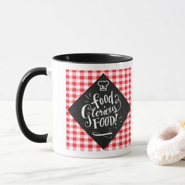Foodie Lovers Chalkboard Typography Red Checks Mug (With Donut)
