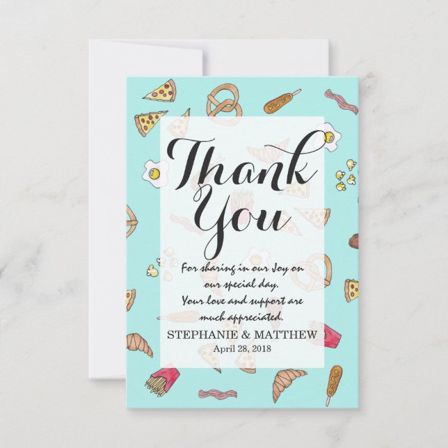 Foodie Watercolor Illustrations Pizza Fries Bacon Thank You Card (Front)