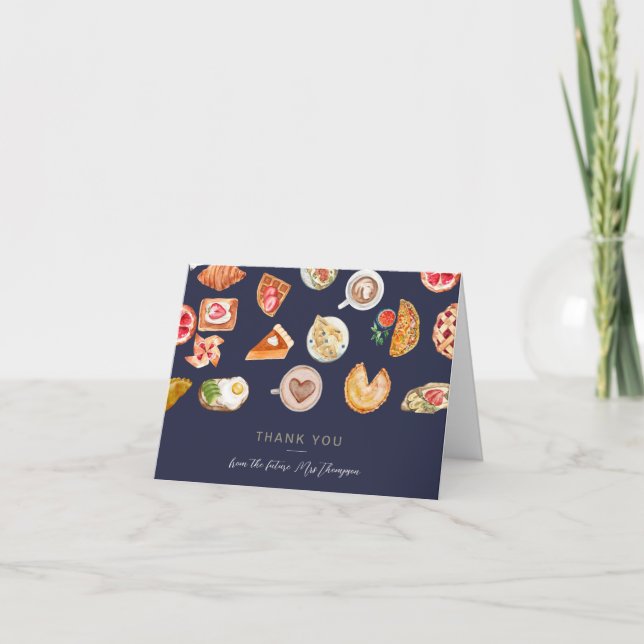  Foods Illustrated Dark Blue Bridal Shower Brunch Thank You Card (Front)